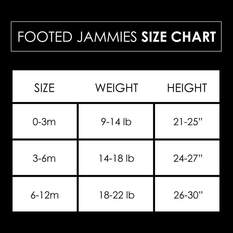 footed jammies size chart